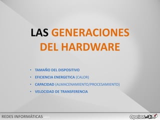 v0621
LAS GENERACIONES
DEL HARDWARE
• TAMAÑO DEL DISPOSITIVO
• EFICIENCIA ENERGETICA (CALOR)
• CAPACIDAD (ALMACENAMIENTO/PROCESAMIENTO)
• VELOCIDAD DE TRANSFERENCIA
 