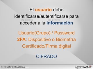 v0621
Usuario(Grupo) / Password
2FA: Dispositivo o Biometría
Certificado/Firma digital
El usuario debe
identificarse/autentificarse para
acceder a la información
CIFRADO
(algo que sabes) (algo que tienes)
 