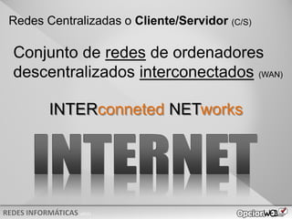 v0621
Conjunto de redes de ordenadores
descentralizados interconectados (WAN)
INTERconneted NETworks
Redes Centralizadas o Cliente/Servidor (C/S)
 
