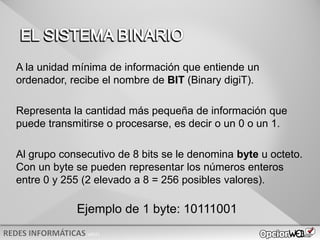 v0621
A la unidad mínima de información que entiende un
ordenador, recibe el nombre de BIT (Binary digiT).
Representa la cantidad más pequeña de información que
puede transmitirse o procesarse, es decir o un 0 o un 1.
Al grupo consecutivo de 8 bits se le denomina byte u octeto.
Con un byte se pueden representar los números enteros
entre 0 y 255 (2 elevado a 8 = 256 posibles valores).
Ejemplo de 1 byte: 10111001
 