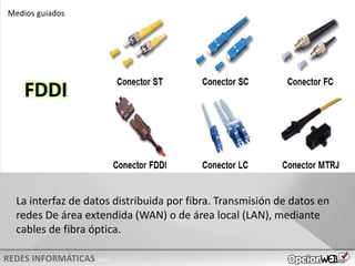 v0621
FDDI
La interfaz de datos distribuida por fibra. Transmisión de datos en
redes De área extendida (WAN) o de área local (LAN), mediante
cables de fibra óptica.
Medios guiados
 