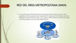 RED DEL ÁREA METROPOLITANA (MAN)
 Es una red de alta velocidad (banda ancha) que dando cobertura en un área
geográfica extensa, proporciona capacidad de integración de múltiples servicios
mediante la transmisión de datos, voz y vídeo, sobre medios de transmisión tales
como fibra óptica y par trenzado (MAN BUCLE)
 