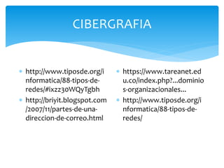 CIBERGRAFIA
 http://www.tiposde.org/i
nformatica/88-tipos-de-
redes/#ixzz30WQyTgbh
 http://briyit.blogspot.com
/2007/11/partes-de-una-
direccion-de-correo.html
 https://www.tareanet.ed
u.co/index.php?...dominio
s-organizacionales...
 http://www.tiposde.org/i
nformatica/88-tipos-de-
redes/
 