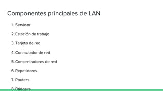 Componentes principales de LAN
1. Servidor
2. Estación de trabajo
3. Tarjeta de red
4. Conmutador de red
5. Concentradores de red
6. Repetidores
7. Routers
8. Bridgers
 