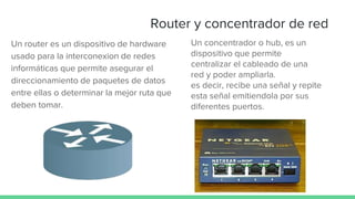 Router y concentrador de red
Un router es un dispositivo de hardware
usado para la interconexion de redes
informáticas que permite asegurar el
direccionamiento de paquetes de datos
entre ellas o determinar la mejor ruta que
deben tomar.
Un concentrador o hub, es un
dispositivo que permite
centralizar el cableado de una
red y poder ampliarla.
es decir, recibe una señal y repite
esta señal emitiendola por sus
diferentes puertos.
 