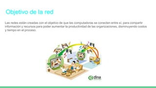 Objetivo de la red
Las redes están creadas con el objetivo de que las computadoras se conecten entre sí, para compartir
información y recursos para poder aumentar la productividad de las organizaciones, disminuyendo costos
y tiempo en el proceso.
 