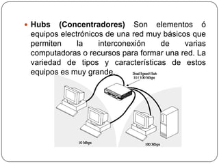  Hubs (Concentradores) Son elementos ó
equipos electrónicos de una red muy básicos que
permiten la interconexión de varias
computadoras o recursos para formar una red. La
variedad de tipos y características de estos
equipos es muy grande.
 