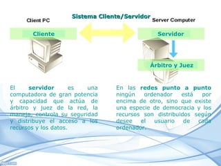 El  servidor  es un a   computadora  de gran potencia y capacidad que actúa de árbitro y juez de la red, la maneja, controla su seguridad y distribuye el acceso a los recursos y los datos . En las  redes punto a punto  ningún ordenador está por encima de otro, sino que existe una especie de democracia y los recursos son distribuidos según desee el usuario de cada ordenador. Servidor Cliente Árbitro y Juez Sistema Cliente/Servidor 