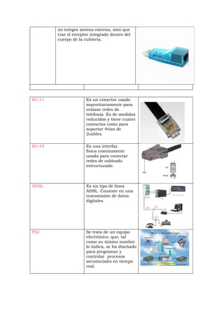 no integra antena externa, sino que
        trae el receptor integrado dentro del
        cuerpo de la cubierta.




RJ-11                 Es un conector usado
                      mayoritariamente para
                      enlazar redes de
                      telefonía. Es de medidas
                      reducidas y tiene cuatro
                      contactos como para
                      soportar 4vias de
                      2cables.

RJ-45                 Es una interfaz
                      física comúnmente
                      usada para conectar
                      redes de cableado
                      estructurado.



ADSL                  Es un tipo de línea
                      ADSL. Consiste en una
                      transmisión de datos
                      digitales.




PLC                   Se trata de un equipo
                      electrónico, que, tal
                      como su mismo nombre
                      lo indica, se ha diseñado
                      para programar y
                      controlar procesos
                      secuenciales en tiempo
                      real.
 