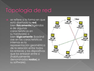    se refiere a la forma en que
    está diseñada la red,
    bien físicamente(rigiéndos
    e de algunas
    características en
    su hardware) o
    bien lógicamente (basánd
    ose en las características
    internas es la
    representación geométrica
    de la relación entre todos
    los enlaces y los dispositivos
    que los enlazan entre sí
    (habitualmente
    denominados nodos).e
    su software).
 