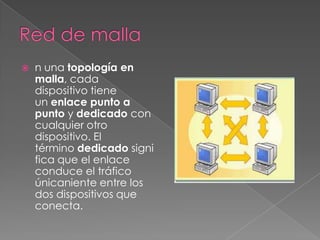    n una topología en
    malla, cada
    dispositivo tiene
    un enlace punto a
    punto y dedicado con
    cualquier otro
    dispositivo. El
    término dedicado signi
    fica que el enlace
    conduce el tráfico
    únicaniente entre los
    dos dispositivos que
    conecta.
 