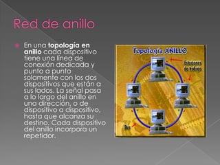    En una topología en
    anillo cada dispositivo
    tiene una línea de
    conexión dedicada y
    punto a punto
    solamente con los dos
    dispositivos que están a
    sus lados. La señal pasa
    a lo largo del anillo en
    una dirección, o de
    dispositivo a dispositivo,
    hasta que alcanza su
    destino. Cada dispositivo
    del anillo incorpora un
    repetidor.
 