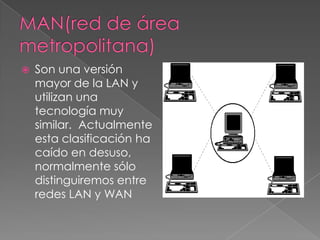    Son una versión
    mayor de la LAN y
    utilizan una
    tecnología muy
    similar. Actualmente
    esta clasificación ha
    caído en desuso,
    normalmente sólo
    distinguiremos entre
    redes LAN y WAN
 