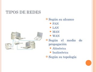 TIPOS DE REDES
                    Según su alcance
                      PAN
                      LAN
                      MAN
                      WAN
                    Según el medio de
                     propagación
                      Alámbrica
                      Inalámbrica
                    Según su topología
 