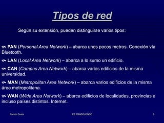 Tipos de red
Según su extensión, pueden distinguirse varios tipos:
 PAN (Personal Area Network) – abarca unos pocos metros. Conexión vía
Bluetooth.
 LAN (Local Area Network) – abarca a lo sumo un edificio.
 CAN (Campus Area Network) – abarca varios edificios de la misma
universidad.
 MAN (Metropolitan Area Network) – abarca varios edificios de la misma
área metropolitana.
 WAN (Wide Area Network) – abarca edificios de localidades, provincias e
incluso países distintos. Internet.
Ramón Costa

IES PRADOLONGO

5

 