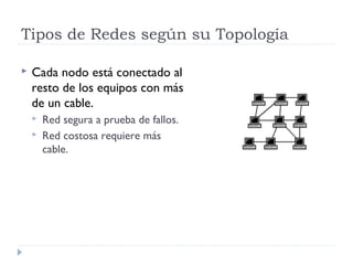 Tipos de Redes según su Topología
 Cada nodo está conectado al
resto de los equipos con más
de un cable.
 Red segura a prueba de fallos.
 Red costosa requiere más
cable.
 