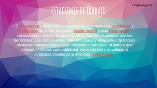 ESTACIONESDETRABAJO
Computadora que facilita a los usuarios el acceso a los servidores y
periféricos de la red, tiene una tarjeta de red y está físicamente
conectada por medio de cables u otros medios no guiados con los
servidores. Los componentes para servidores y estaciones de trabajo
alcanzan nuevos niveles de rendimiento informático, al tiempo que
ofrecen fiabilidad, compatibilidad, escalabilidad y arquitectura
avanzada ideales para entornos multiproceso.
Oriana Aguirre
 