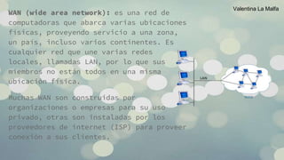 WAN (wide area network): es una red de
computadoras que abarca varias ubicaciones
físicas, proveyendo servicio a una zona,
un país, incluso varios continentes. Es
cualquier red que une varias redes
locales, llamadas LAN, por lo que sus
miembros no están todos en una misma
ubicación física.
Muchas WAN son construidas por
organizaciones o empresas para su uso
privado, otras son instaladas por los
proveedores de internet (ISP) para proveer
conexión a sus clientes.
Valentina La Malfa
 
