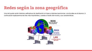Redes según la zona geográfica
Una red puede recibir distintos calificativos de clasificación en base a distintas taxonomías: una de ellas es el alcance. A
continuación explicaremos las tres más importantes y usadas a través del mundo y sus características.
 