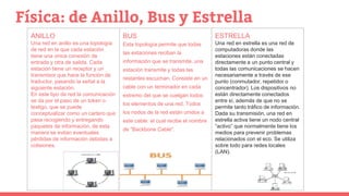 Física: de Anillo, Bus y Estrella
ANILLO
Una red en anillo es una topología
de red en la que cada estación
tiene una única conexión de
entrada y otra de salida. Cada
estación tiene un receptor y un
transmisor que hace la función de
traductor, pasando la señal a la
siguiente estación.
En este tipo de red la comunicación
se da por el paso de un token o
testigo, que se puede
conceptualizar como un cartero que
pasa recogiendo y entregando
paquetes de información, de esta
manera se evitan eventuales
pérdidas de información debidas a
colisiones.
BUS
Esta topología permite que todas
las estaciones reciban la
información que se transmite, una
estación transmite y todas las
restantes escuchan. Consiste en un
cable con un terminador en cada
extremo del que se cuelgan todos
los elementos de una red. Todos
los nodos de la red están unidos a
este cable: el cual recibe el nombre
de "Backbone Cable".
ESTRELLA
Una red en estrella es una red de
computadoras donde las
estaciones están conectadas
directamente a un punto central y
todas las comunicaciones se hacen
necesariamente a través de ese
punto (conmutador, repetidor o
concentrador). Los dispositivos no
están directamente conectados
entre sí, además de que no se
permite tanto tráfico de información.
Dada su transmisión, una red en
estrella activa tiene un nodo central
“activo” que normalmente tiene los
medios para prevenir problemas
relacionados con el eco. Se utiliza
sobre todo para redes locales
(LAN).
 