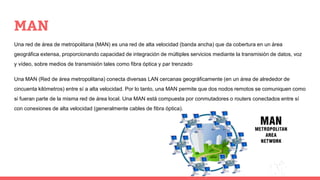 MAN
Una red de área de metropolitana (MAN) es una red de alta velocidad (banda ancha) que da cobertura en un área
geográfica extensa, proporcionando capacidad de integración de múltiples servicios mediante la transmisión de datos, voz
y vídeo, sobre medios de transmisión tales como fibra óptica y par trenzado
Una MAN (Red de área metropolitana) conecta diversas LAN cercanas geográficamente (en un área de alrededor de
cincuenta kilómetros) entre sí a alta velocidad. Por lo tanto, una MAN permite que dos nodos remotos se comuniquen como
si fueran parte de la misma red de área local. Una MAN está compuesta por conmutadores o routers conectados entre sí
con conexiones de alta velocidad (generalmente cables de fibra óptica).
 
