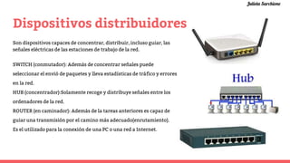Dispositivos distribuidores
Son dispositivos capaces de concentrar, distribuir, incluso guiar, las
señales eléctricas de las estaciones de trabajo de la red.
SWITCH (conmutador): Además de concentrar señales puede
seleccionar el envió de paquetes y lleva estadísticas de tráfico y errores
en la red.
HUB (concentrador):Solamente recoge y distribuye señales entre los
ordenadores de la red.
ROUTER (en caminador): Además de la tareas anteriores es capaz de
guiar una transmisión por el camino más adecuado(enrutamiento).
Es el utilizado para la conexión de una PC o una red a Internet.
Julieta Sarchione
 