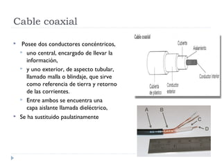 Cable coaxial
 Posee dos conductores concéntricos,
 uno central, encargado de llevar la
información,
 y uno exterior, de aspecto tubular,
llamado malla o blindaje, que sirve
como referencia de tierra y retorno
de las corrientes.
 Entre ambos se encuentra una
capa aislante llamada dieléctrico,
 Se ha sustituido paulatinamente
 