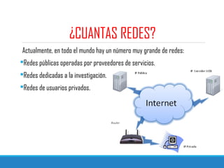 ¿CUANTAS REDES?
Actualmente, en todo el mundo hay un número muy grande de redes:
Redes públicas operadas por proveedores de servicios.
Redes dedicadas a la investigación.
Redes de usuarios privados.
 
