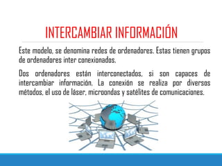 INTERCAMBIAR INFORMACIÓN
Este modelo, se denomina redes de ordenadores. Estas tienen grupos
de ordenadores inter conexionados.
Dos ordenadores están interconectados, si son capaces de
intercambiar información. La conexión se realiza por diversos
métodos, el uso de láser, microondas y satélites de comunicaciones.
 
