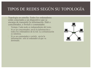 Topología en estrella: Todos los ordenadores
están conectados a un dispositivo que se
encarga de transmitir la información. Hub o
concentrador, o Switch o conmutador.
Ventaja: Cada nodo es independiente del resto.
Si es un concentrador, envía la información a
todos los ordenadores de la red. La comunicación
se ralentiza.
Si es un conmutador o switch, envía la
información solo al ordenador al que va
destinado.
TIPOS DE REDES SEGÚN SU TOPOLOGÍA
 