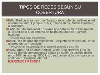 ◼PAN: Red de área personal. Interconexión de dispositivos en el
entorno usuario. Ejemplo: móvil, manos libros. Medio Infrarrojo,
o bluetooth.
◼LAN: Red de área local. Su extensión esta limitada físicamente
a un edificio o a un entorno de hasta 200 metros. Ejemplo:
Instituto.
▪ WLAN: Red local inalámbrica
◼MAN: Red de área metropolitana. Conjunto de redes LAN, en el
entorno de un municipio.
▪ WIMAX: red inalámbrica en el entorno de unos 5 a 50 km.
◼WAN: Una Red de Área Amplia (Wide Area Network ), es un
tipo de red de computadoras capaz de cubrir distancias desde
unos 100 hasta unos 1000 km, dando el servicio a un país o un
continente. Ejemplo: internet.
EJERCICIOS REDES 1
TIPOS DE REDES SEGÚN SU
COBERTURA
 