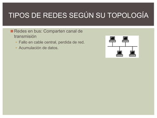 ◼Redes en bus: Comparten canal de
transmisión
▪ Fallo en cable central, perdida de red.
▪ Acumulación de datos.
TIPOS DE REDES SEGÚN SU TOPOLOGÍA
 