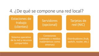 4. ¿De qué se compone una red local?
Estaciones de
trabajo
(clientes)
Sistema operativo
de la red y recursos
compartidos
Servidores
(opcional)
Conexiones
(cableado o medios
inalámbricos como
antenas)
Tarjetas de
red (NIC)
Distribuidores (hub,
switch, router, etc.)
 