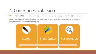 4. Conexiones: cableado
Conectan las NIC a los ordenadores de la red: son los canales de comunicación de la red
Hay tres tipos de cables (en función de la red, la velocidad de transmisión y el alcance
geográfico que se intenta conseguir):
Coaxial Fibra óptica Par trenzado
 