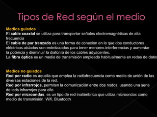 Medios guiados
El cable coaxial se utiliza para transportar señales electromagnéticas de alta 
frecuencia 
El cable de par trenzado es una forma de conexión en la que dos conductores 
eléctricos aislados son entrelazados para tener menores interferencias y aumentar 
la potencia y disminuir la diafonía de los cables adyacentes. 
La fibra óptica es un medio de transmisión empleado habitualmente en redes de datos


Medios no guiados
Red por radio es aquella que emplea la radiofrecuencia como medio de unión de las 
diversas estaciones de la red.
Red por infrarrojos, permiten la comunicación entre dos nodos, usando una serie 
de leds infrarrojos para ello
Red por microondas, es un tipo de red inalámbrica que utiliza microondas como 
medio de transmisión. Wifi, Bluetooth
 