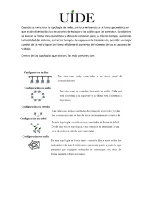 Cuando se menciona la topología de redes, se hace referencia a la forma geométrica en
que están distribuidas las estaciones de trabajo y los cables que las conectan. Su objetivo
es buscar la forma más económica y eficaz de conexión para, al mismo tiempo, aumentar
la fiabilidad del sistema, evitar los tiempos de espera en la transmisión, permitir un mejor
control de la red y lograr de forma eficiente el aumento del número de las estaciones de
trabajo.
Dentro de las topologías que existen, las más comunes son:
 
