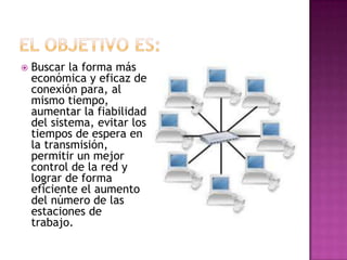    Buscar la forma más
    económica y eficaz de
    conexión para, al
    mismo tiempo,
    aumentar la fiabilidad
    del sistema, evitar los
    tiempos de espera en
    la transmisión,
    permitir un mejor
    control de la red y
    lograr de forma
    eficiente el aumento
    del número de las
    estaciones de
    trabajo.
 
