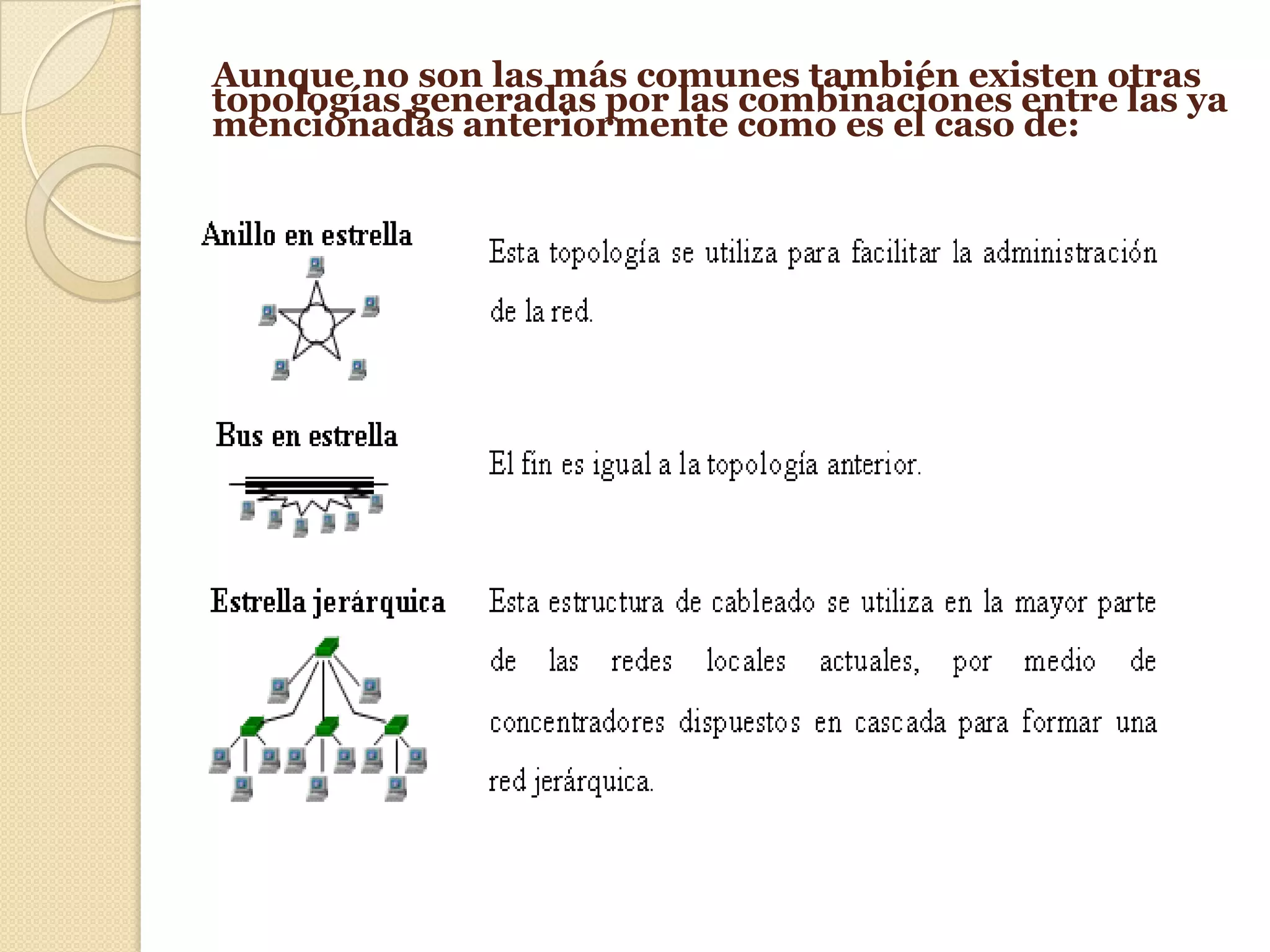 Aunque no son las más comunes también existen otras
topologías generadas por las combinaciones entre las ya
mencionadas anteriormente como es el caso de:
 