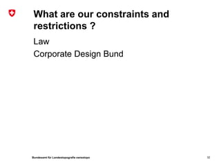 Bundesamt für Landestopografie swisstopo
What are our constraints and
restrictions ?
Law
Corporate Design Bund
32
 