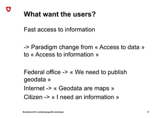 What want the users?

 Fast access to information

 -> Paradigm change from « Access to data »
 to « Access to information »

 Federal office -> « We need to publish
 geodata »
 Internet -> « Geodata are maps »
 Citizen -> « I need an information »

Bundesamt für Landestopografie swisstopo      30
 