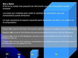 Bits y Bytes El bit es la unidad más pequeña de información que una computadora puede  procesar Los bytes son unidades para medir la cantidad de información que una computadora puede almacenar  Un byte representa el espacio requerido para almacenar una letra o un número en la computadora Kb Mb Gb Tb 1 Kilobyte ( Kb ) consta de 1024 bytes, Esto equivale a aproximadamente a una página de texto a doble espacio 1 Megabyte ( Mb ) consta de 1024 Kilobytes equivale aproximadamente al texto de un libro de 500 páginas  1 Gigabyte ( Gb ) consta de 1024 Megabytes y equivale a una pequeña biblioteca de unos 2,000 libros de  250 páginas cada uno 1 Terabyte ( Tb ) consta de 1024 Gygabytes, el equivalente de una biblioteca nacional con 25 enciclopedias de 10 tomos cada una y 250 páginas por tomo 