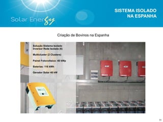 SISTEMA ISOLADO
                                                          NA ESPANHA



                     Criação de Bovinos na Espanha

Solução Sistema Isolado
Inversor Rede Isolada (6)

Multicluster (2 Clusters)

Painel Fotovoltaico: 40 kWp

Baterias: 116 kWh

Gerador Solar 48 kW




                                                                       11
 