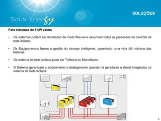 SOLUÇÕES



Para sistemas de 5 kW acima

•    Os sistemas podem ser ampliados de modo flexível e assumem todos os processos de controle da
     rede isolada.

•    Os Equipamentos fazem a gestão do storage inteligente, garantindo uma vida útil máxima das
     baterias.

•    Os sistema de rede isolada pode ser Trifásico ou Monofásico.

•    O Sistema gerenciam o acionamento e desligamento quando há geradores a diesel integrados no
     sistema da rede isolada.




                                                                                                    6
 