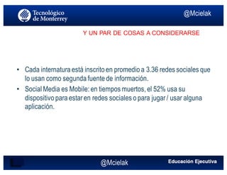 @Mcielak
Y UN PAR DE COSAS A CONSIDERARSE
• Cada internatura está inscrito en promedio a 3.36 redes sociales que
lo usan como segunda fuente de información.
• Social Media es Mobile: en tiempos muertos, el 52% usa su
dispositivo para estaren redes sociales o para jugar / usar alguna
aplicación.
@Mcielak
 