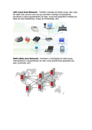 LAN (Local Area Network) – Também chamada de Redes Locais, são o tipo 
de redes mais comuns uma vez que permitem interligar computadores, 
servidores e outros equipamentos de rede, numa área geográfica limitada (ex. 
Salas de Aula, Residências, Praças de Alimentação, etc). 
WAN (Wide Area Network) – Permitem a interligação de redes locais, 
metropolitanas e equipamentos de rede, numa grande área geográfica (ex. 
país, continente, etc). 
 