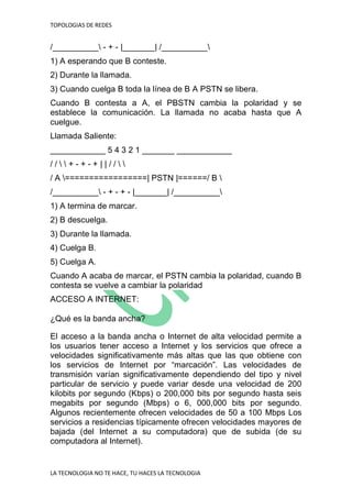 TOPOLOGIAS DE REDES
LA TECNOLOGIA NO TE HACE, TU HACES LA TECNOLOGIA
/__________ - + - |_______| /__________
1) A esperando que B conteste.
2) Durante la llamada.
3) Cuando cuelga B toda la línea de B A PSTN se libera.
Cuando B contesta a A, el PBSTN cambia la polaridad y se
establece la comunicación. La llamada no acaba hasta que A
cuelgue.
Llamada Saliente:
____________ 5 4 3 2 1 _______ ____________
/ /   + - + - + | | / /  
/ A =================| PSTN |======/ B 
/__________ - + - + - |_______| /__________
1) A termina de marcar.
2) B descuelga.
3) Durante la llamada.
4) Cuelga B.
5) Cuelga A.
Cuando A acaba de marcar, el PSTN cambia la polaridad, cuando B
contesta se vuelve a cambiar la polaridad
ACCESO A INTERNET:
¿Qué es la banda ancha?
El acceso a la banda ancha o Internet de alta velocidad permite a
los usuarios tener acceso a Internet y los servicios que ofrece a
velocidades significativamente más altas que las que obtiene con
los servicios de Internet por “marcación”. Las velocidades de
transmisión varían significativamente dependiendo del tipo y nivel
particular de servicio y puede variar desde una velocidad de 200
kilobits por segundo (Kbps) o 200,000 bits por segundo hasta seis
megabits por segundo (Mbps) o 6, 000,000 bits por segundo.
Algunos recientemente ofrecen velocidades de 50 a 100 Mbps Los
servicios a residencias típicamente ofrecen velocidades mayores de
bajada (del Internet a su computadora) que de subida (de su
computadora al Internet).
 