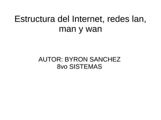Estructura del Internet, redes lan, 
man y wan 
AUTOR: BYRON SANCHEZ 
8vo SISTEMAS 
 