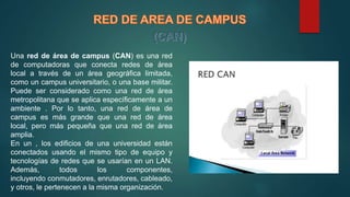 Una red de área de campus (CAN) es una red
de computadoras que conecta redes de área
local a través de un área geográfica limitada,
como un campus universitario, o una base militar.
Puede ser considerado como una red de área
metropolitana que se aplica específicamente a un
ambiente . Por lo tanto, una red de área de
campus es más grande que una red de área
local, pero más pequeña que una red de área
amplia.
En un , los edificios de una universidad están
conectados usando el mismo tipo de equipo y
tecnologías de redes que se usarían en un LAN.
Además, todos los componentes,
incluyendo conmutadores, enrutadores, cableado,
y otros, le pertenecen a la misma organización.
 