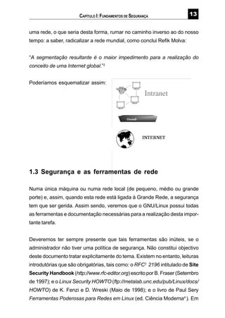 !
uma rede, o que seria desta forma, rumar no caminho inverso ao do nosso
tempo: a saber, radicalizar a rede mundial, como conclui Refik Molva:
“A segmentação resultante é o maior impedimento para a realização do
conceito de uma Internet global.”2
Poderíamos esquematizar assim:
1.3 Segurança e as ferramentas de rede
Numa única máquina ou numa rede local (de pequeno, médio ou grande
porte) e, assim, quando esta rede está ligada à Grande Rede, a segurança
tem que ser gerida. Assim sendo, veremos que o GNU/Linux possui todas
as ferramentas e documentação necessárias para a realização desta impor-
tante tarefa.
Deveremos ter sempre presente que tais ferramentas são inúteis, se o
administrador não tiver uma política de segurança. Não constitui objectivo
deste documento tratar explicitamente do tema. Existem no entanto, leituras
introdutórias que são obrigatórias, tais como: o RFC3
2196 intitulado de Site
Security Handbook (http://www.rfc-editor.org) escrito por B. Fraser (Setembro
de 1997); e o Linux Security HOWTO (ftp://metalab.unc.edu/pub/Linux/docs/
HOWTO) de K. Fenzi e D. Wreski (Maio de 1998); e o livro de Paul Sery
Ferramentas Poderosas para Redes em Linux (ed. Ciência Moderna4
). Em
CAPÍTULO I: FUNDAMENTOS DE SEGURANÇA
 