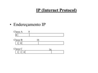 IP (Internet Protocol)


• Endereçamento IP
 Classe A   8
   0

 Classe B       16
    1 0

 Classe C             24
    1 1 0
 